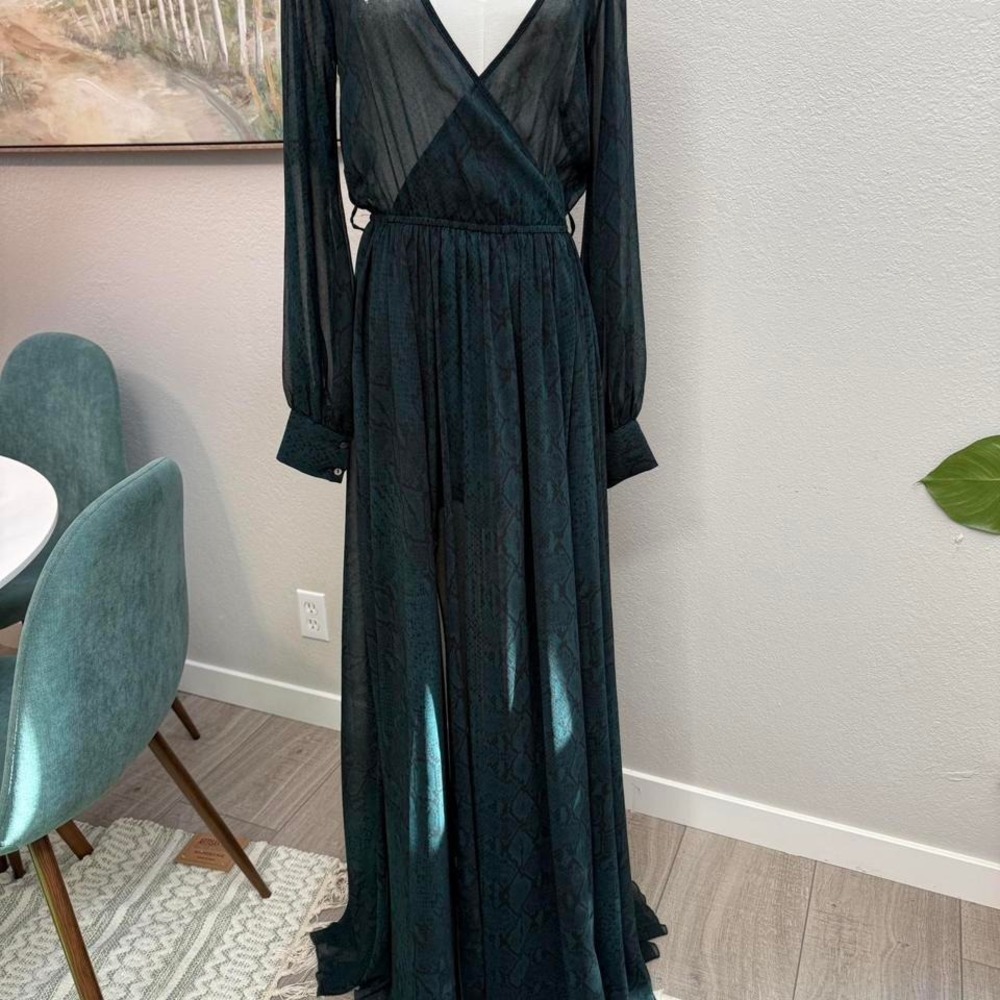 Olivaceous Sheer Maxi Dress – Dark Teal Snake Print - Size S‎